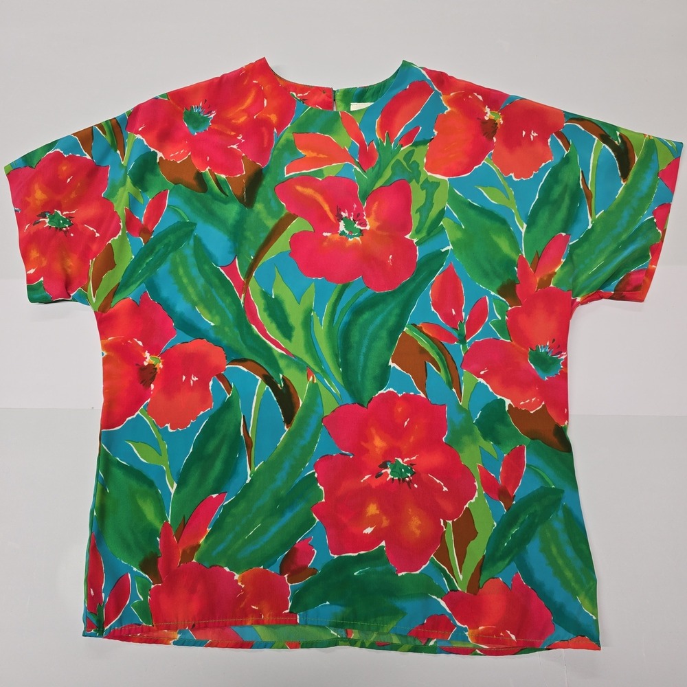 Vintage Jo Hardin Floral Short Sleeve Blouse Red Green Blue Size 10 Made in USA